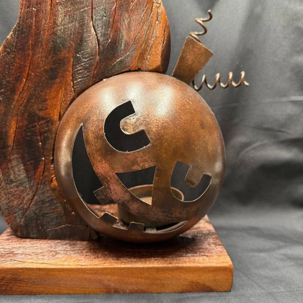 Rustic Wood Ghost and Metal Pumpkin Tea Light Holder Halloween Decor 18.5 Inch